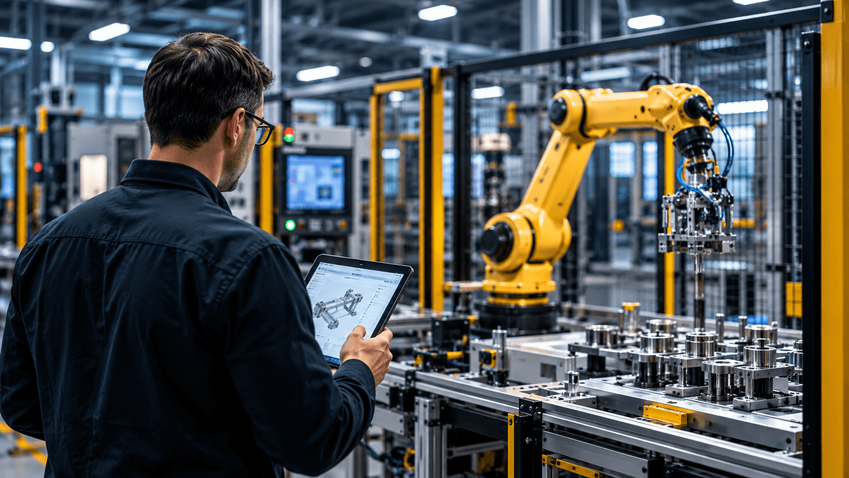 Automation engineer using a tablet to review a manufacturing operation beside a yellow industrial robotic arm and production equipment.