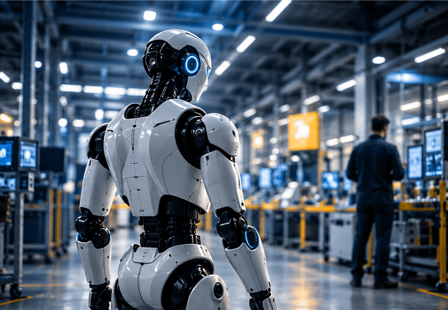 Humanoid robot in a modern industrial facility, with an engineer and production equipment in the background.