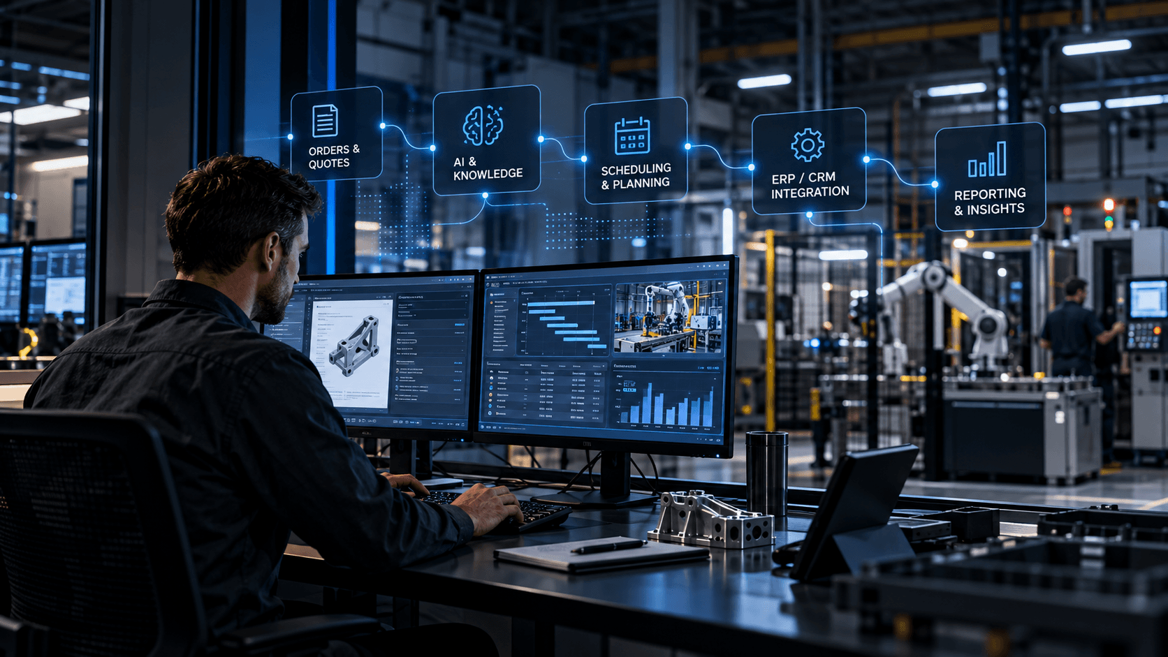 Engineer using connected AI, scheduling, and business-system workflows at a manufacturing workstation