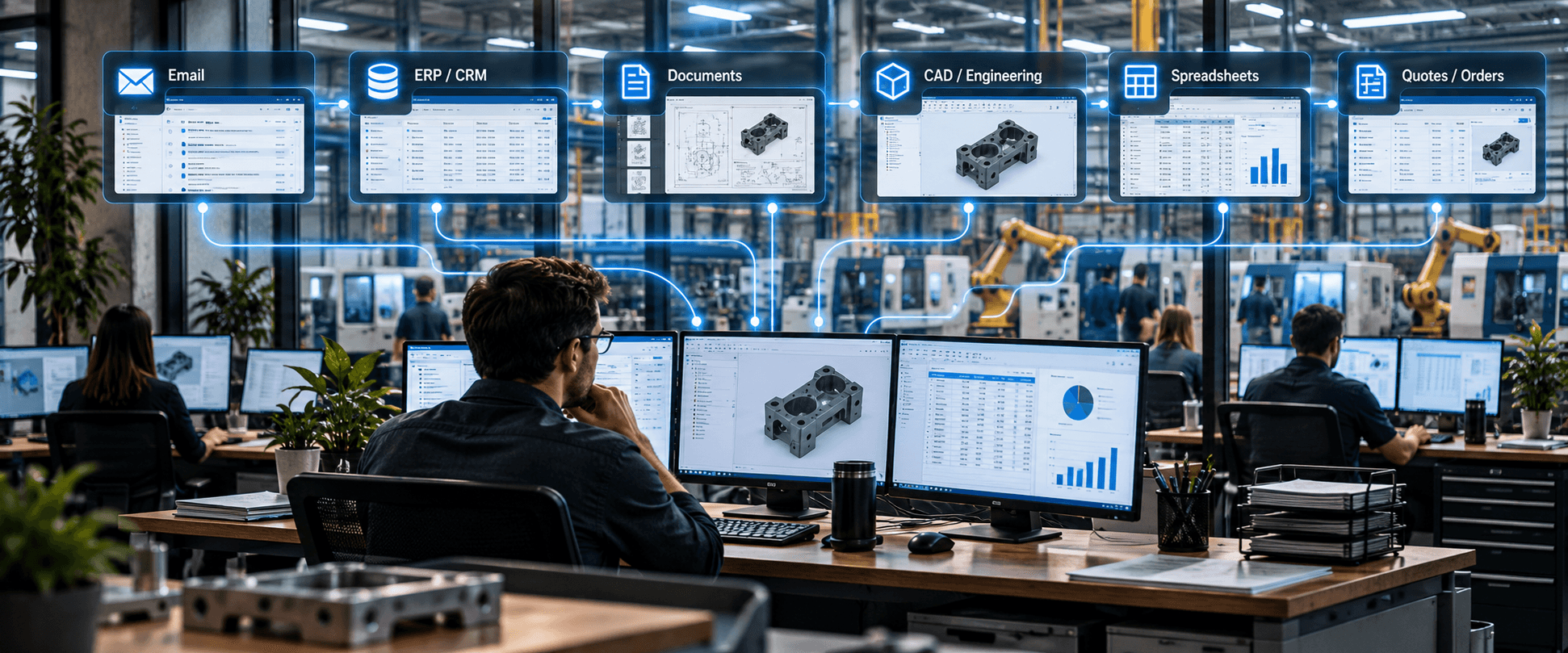 Connected email, ERP and CRM, documents, CAD, spreadsheets, and quote and order workflows around an engineer's workstation.