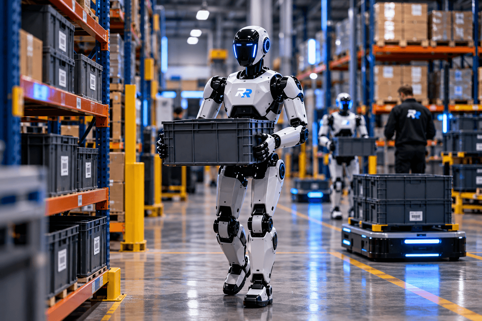 Humanoid robot carrying a tote through a warehouse alongside a mobile material-handling robot.