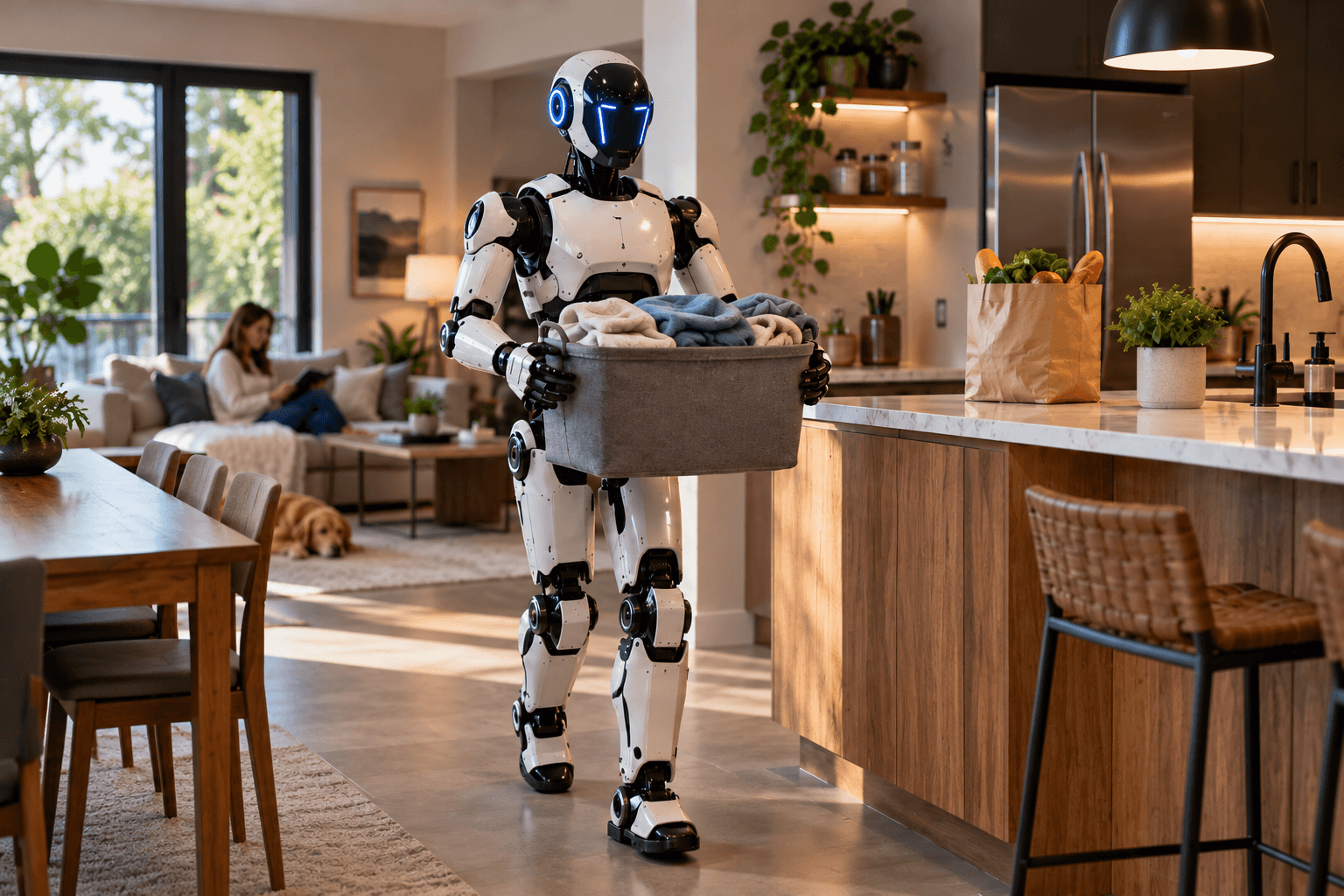 Humanoid robot carrying a laundry basket through a modern home with a living room and kitchen.