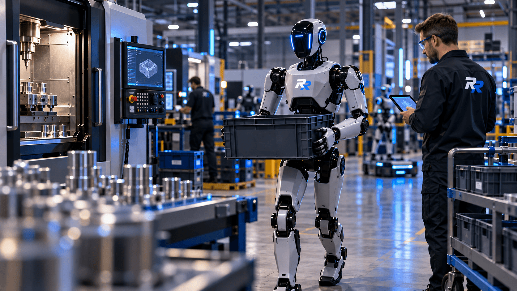 Humanoid robot carrying a tote beside production machinery and a technician in an industrial facility.