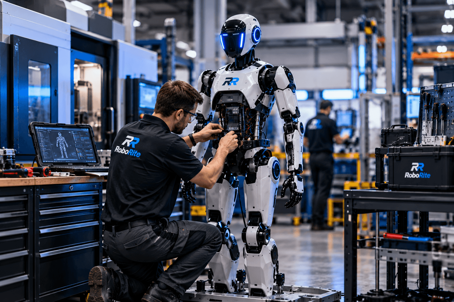 RoboRite technician working on a humanoid robot’s exposed service area in an industrial workshop.