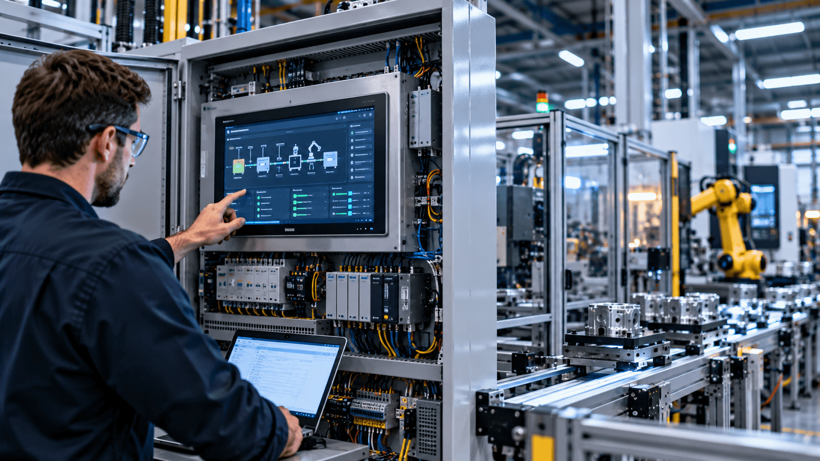 Automation engineer working at an HMI and open PLC control cabinet beside existing production equipment.