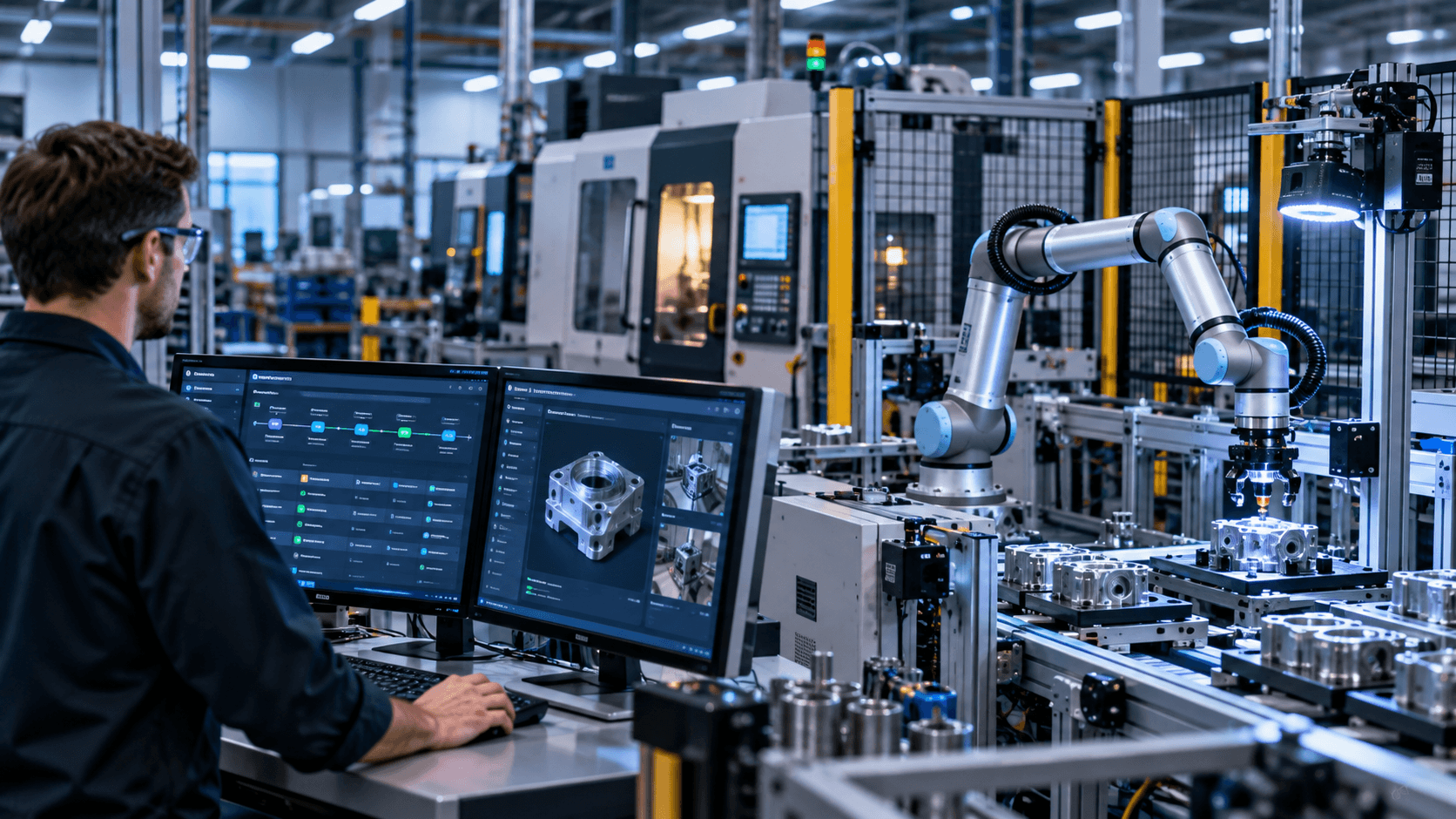 Automation engineer monitoring production systems beside a robotic cell, machine vision camera, and industrial equipment.