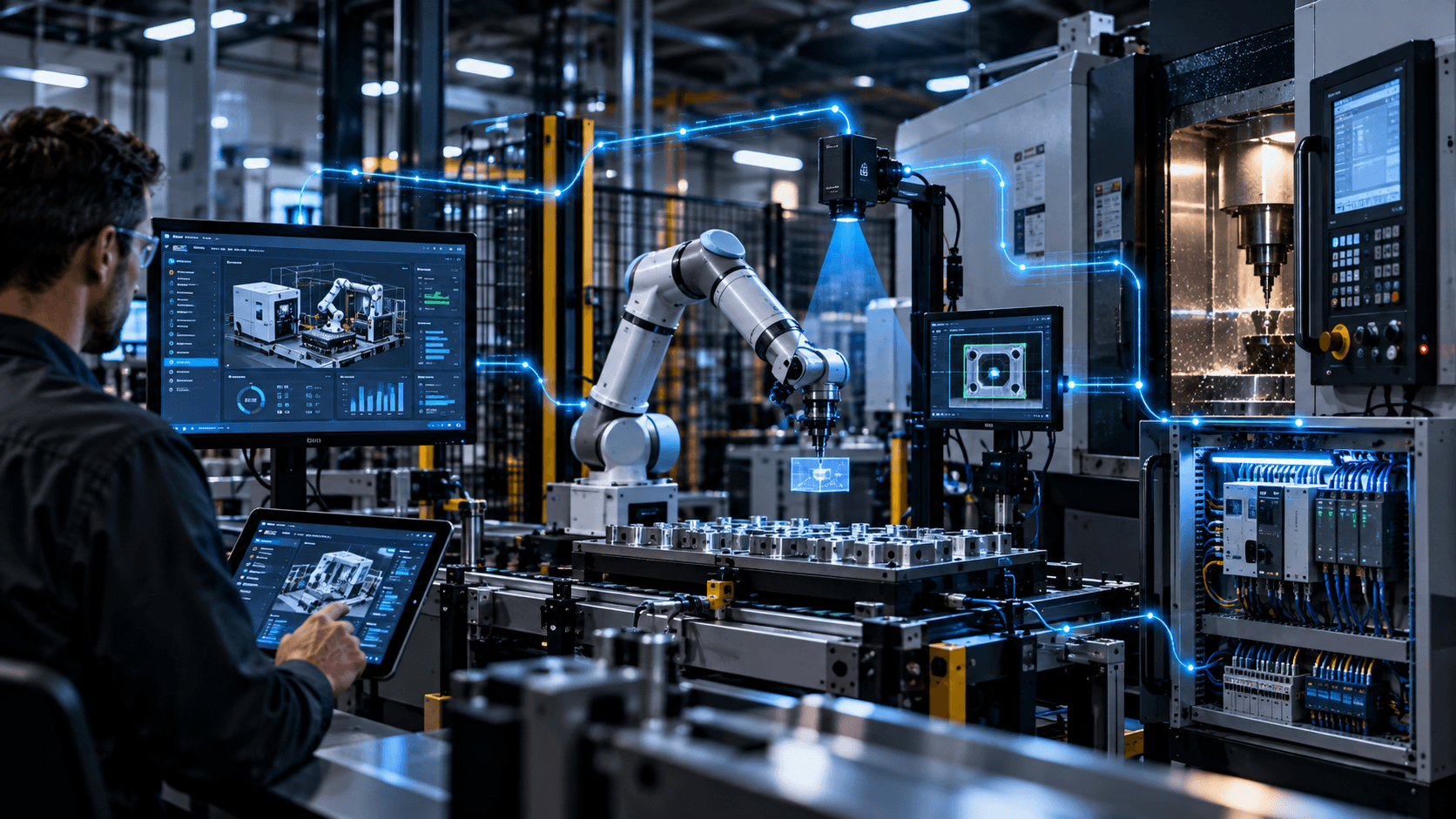 Connected robotic arm, machine vision camera, CNC machine, and industrial controls monitored by an engineer