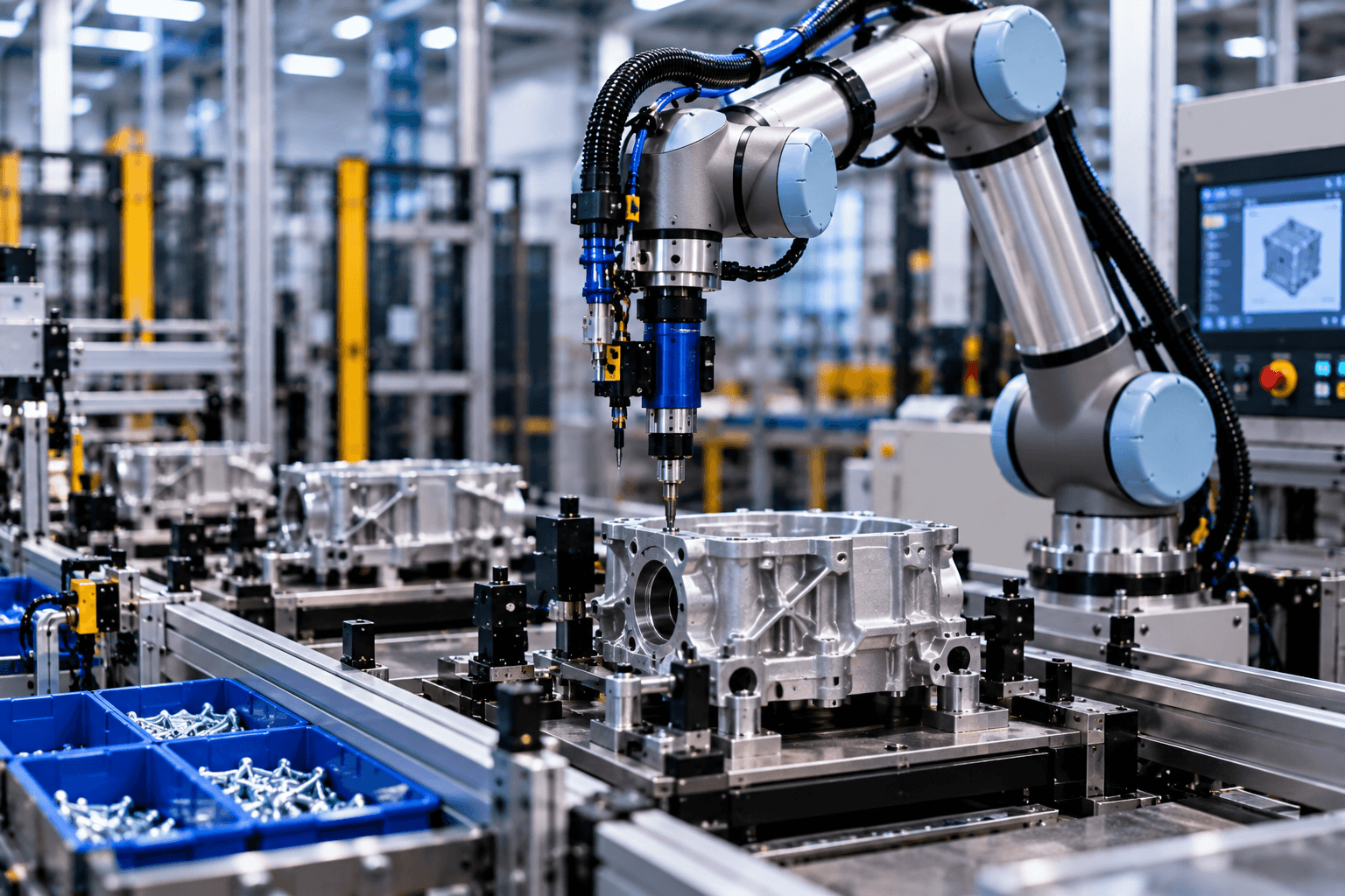 Robot using powered fastening tooling to assemble a metal component.