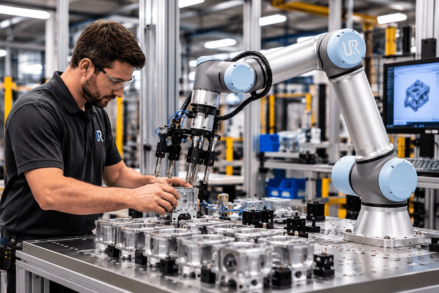 Technician positioning a metal component beside a collaborative robot at a production workbench.