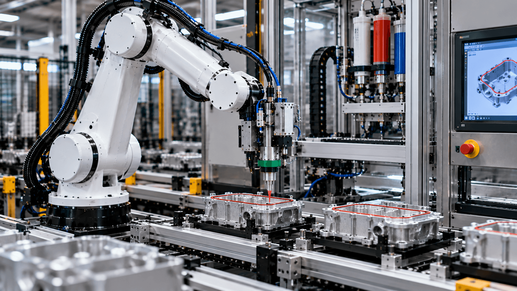Robot dispensing adhesive along the edge of a metal component.
