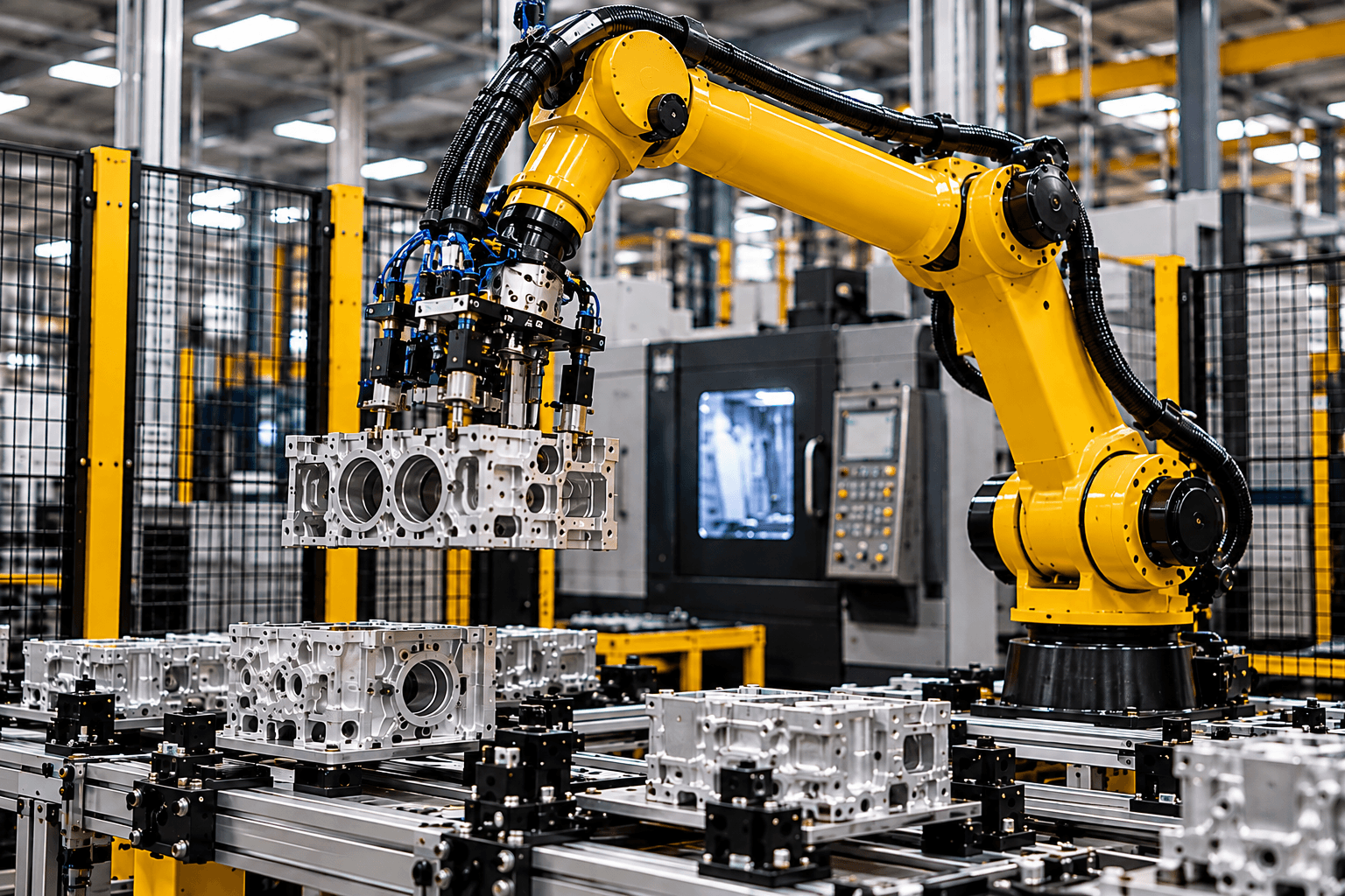 Yellow industrial robot handling a metal engine block inside a guarded production workcell.