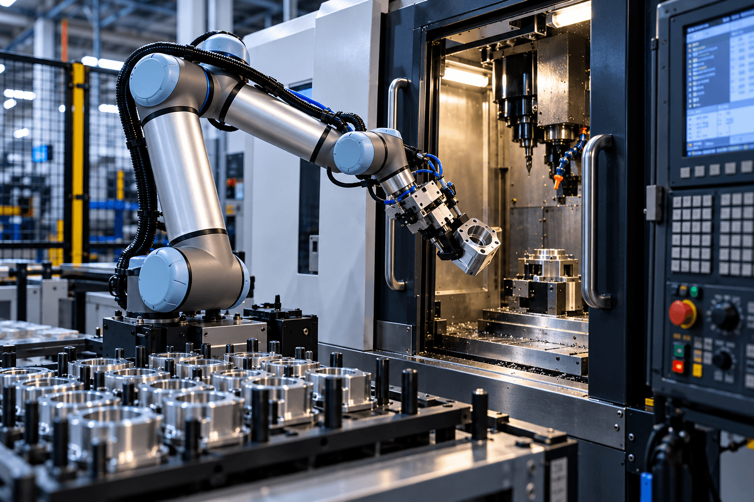 Robot loading a metal component into a CNC machine.