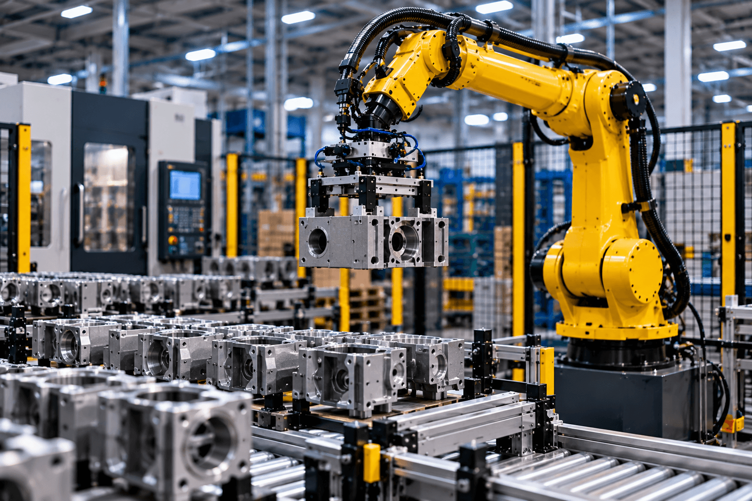 Industrial robot moving metal housings along a production line.