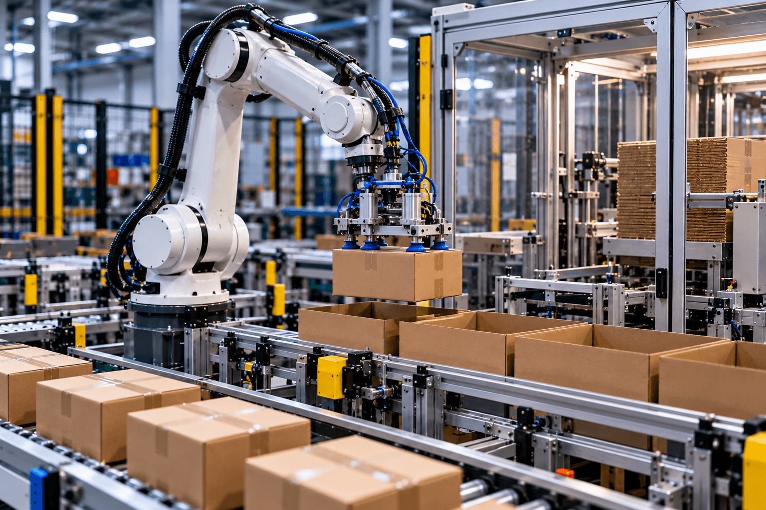 Robot placing a packaged product into an open shipping case.