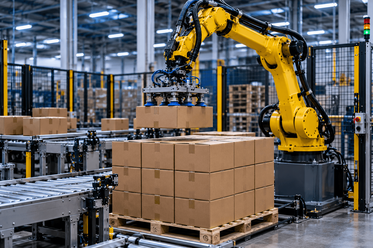 Industrial robot stacking cardboard boxes on a pallet.