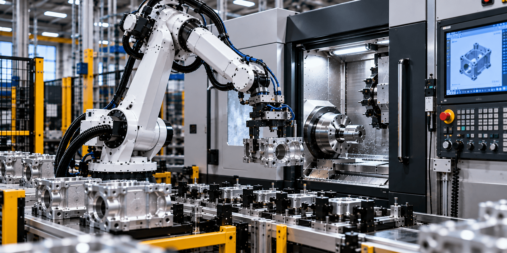 White industrial robot tending a CNC machine with a metal component in its gripper.