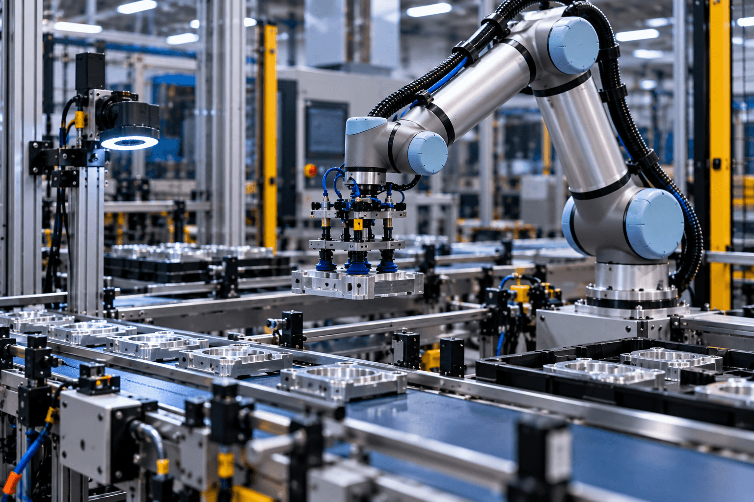 Robot transferring a metal component between production stations.