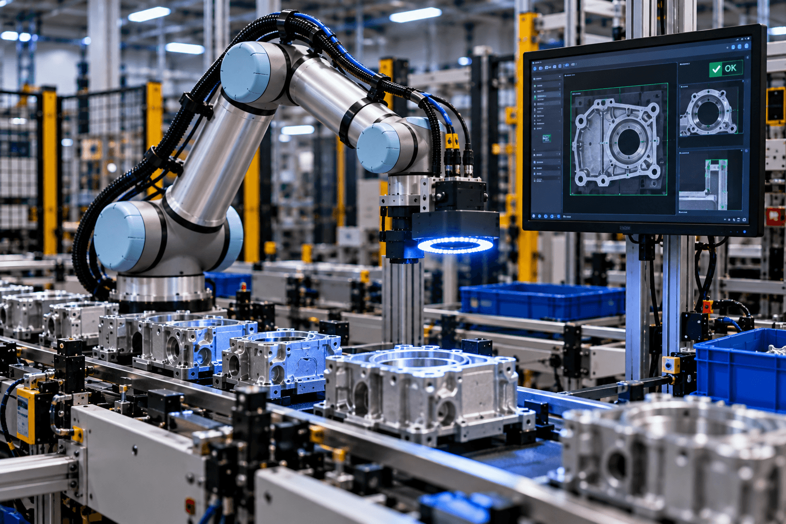 Robot inspecting production parts with a camera and ring light.