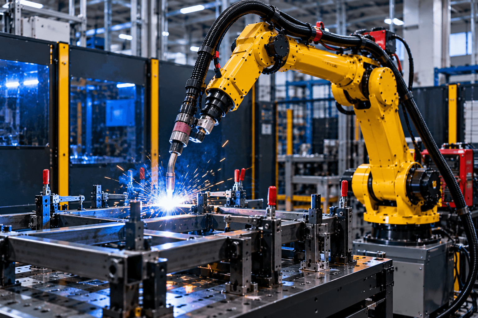 Industrial robot welding a metal assembly held in a fixture.